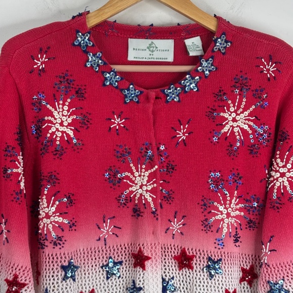 Design Options Philip Jane Gordon Patriotic Fireworks Cardigan XL Beaded Sequins - Picture 2 of 12